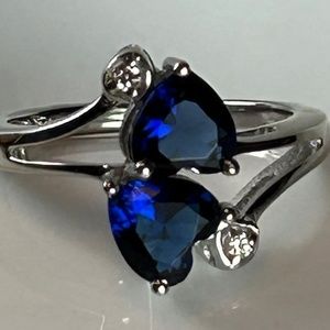 Sterling silver lab created blue sapphire double heart ring with white sapphires
